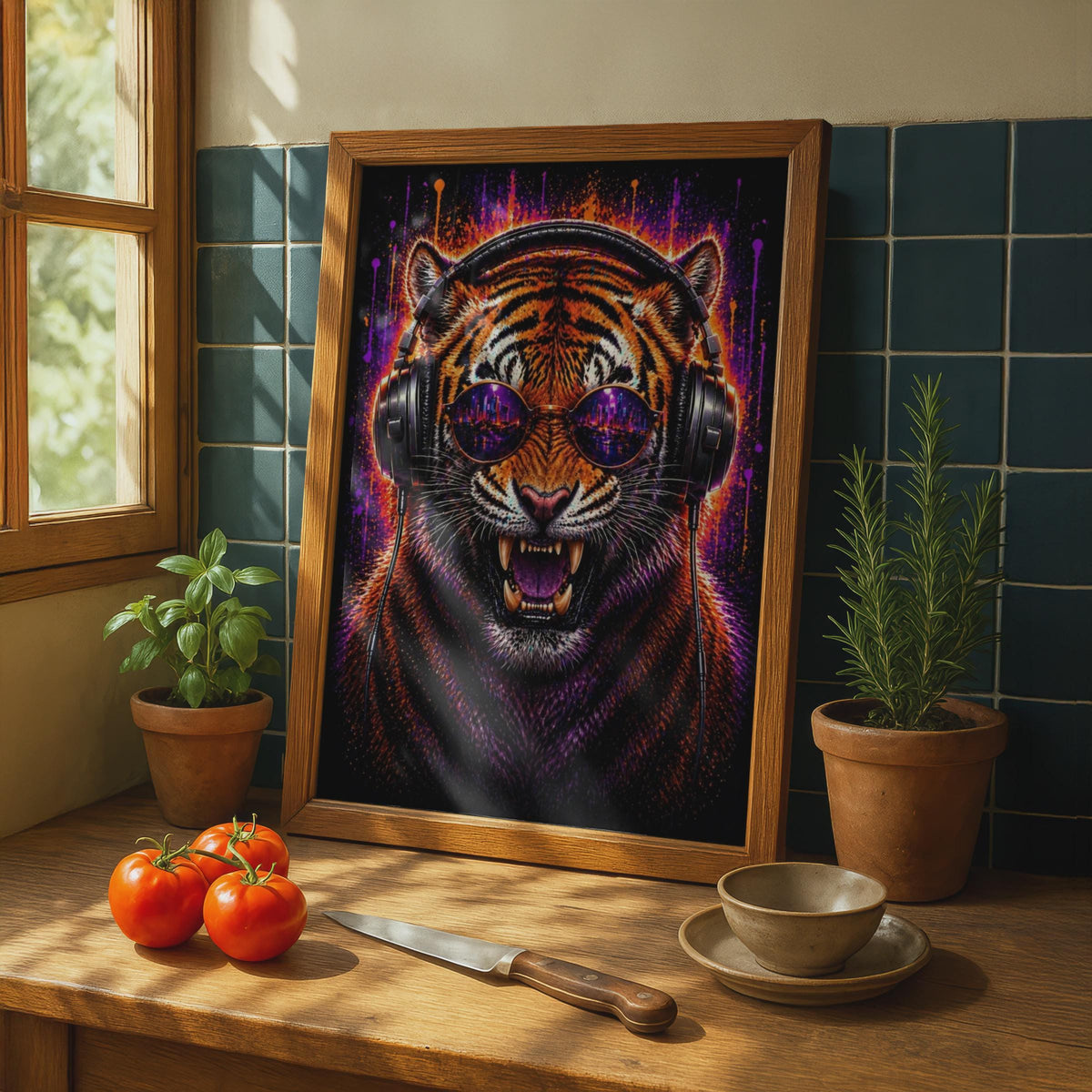 Tiger DJ Headphones Poster, Neon City Sunglasses, Orange Purple Paint Splash Wall Art