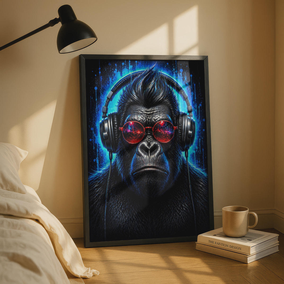 Gorilla DJ Poster, Neon Blue Electric Ape Wall Art, Red Sunglasses Headphones Print