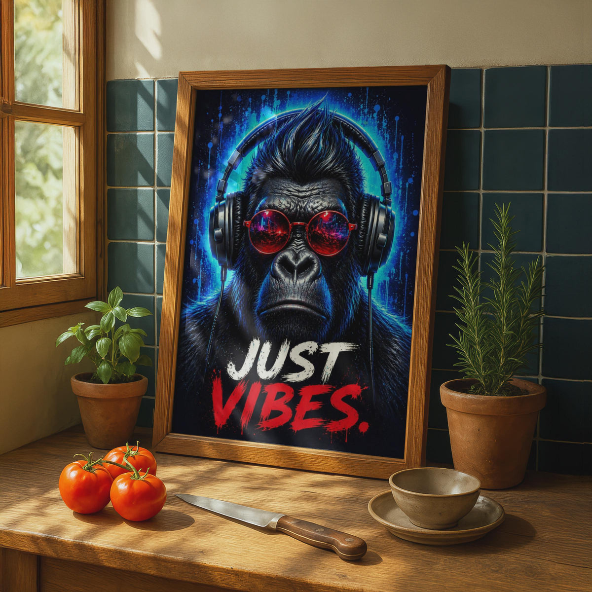 Gorilla Neon Music Poster, Brooding DJ Ape Print, Urban Graffiti Art