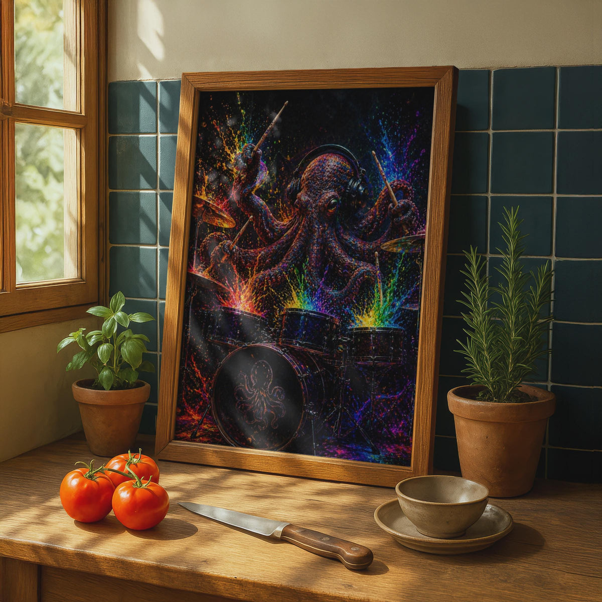Octopus Drummer Poster, Colourful Music Wall Art, Psychedelic Animal Print for Studio