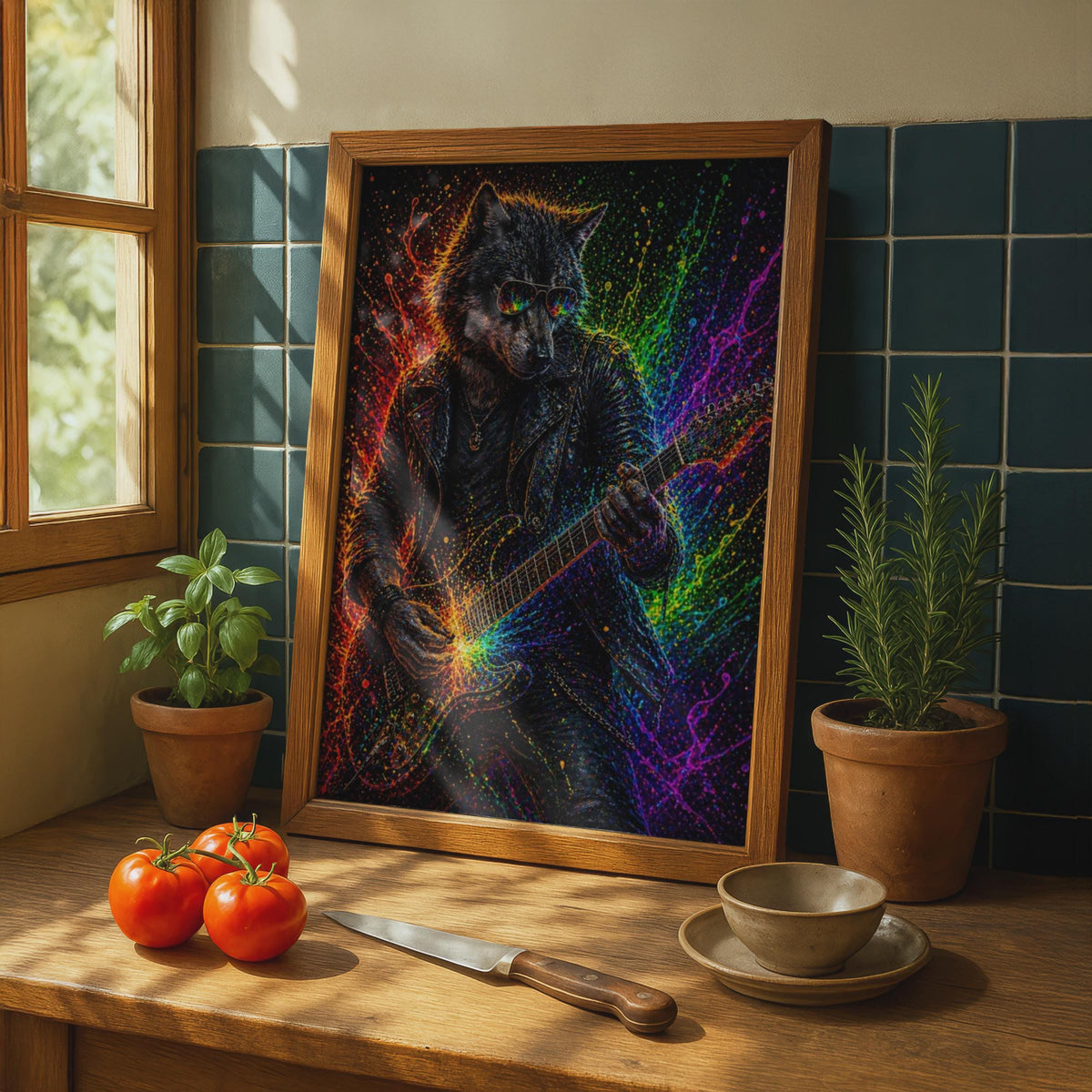 Wolf Guitar Poster, Neon Rock Animal Wall Art, Colourful Music Print for Music Room