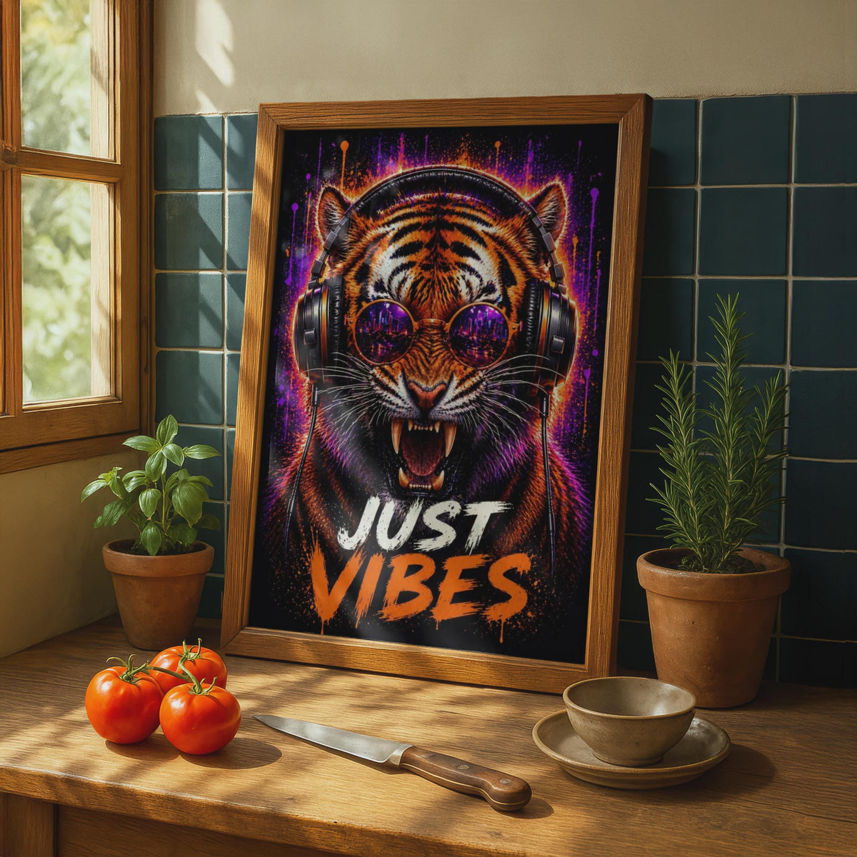 Tiger Headphones Neon Music Poster, Urban Animal Wall Art Print