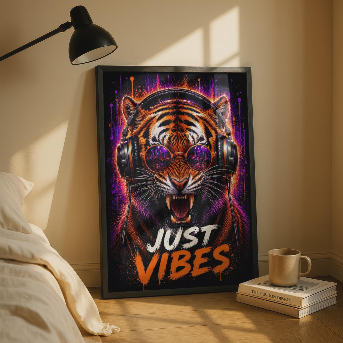 Tiger Headphones Neon Music Poster, Urban Animal Wall Art Print
