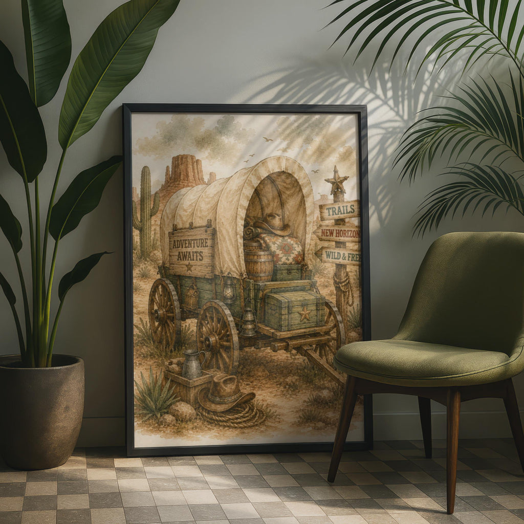 Wild West Covered Wagon Poster, Adventure Awaits Western Wall Art, Vintage Cowboy Desert Print