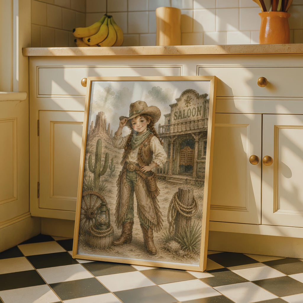 Cowgirl Wild West Poster, Watercolour Western Girl Wall Art, Children's Saloon Desert Decor