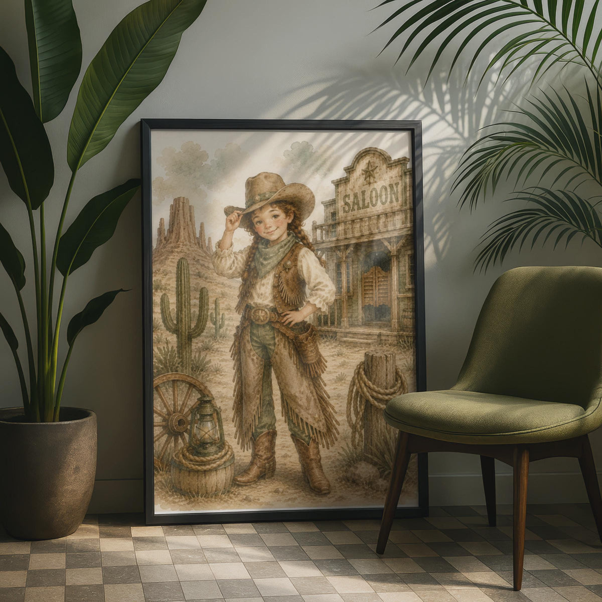Cowgirl Wild West Poster, Watercolour Western Girl Wall Art, Children's Saloon Desert Decor