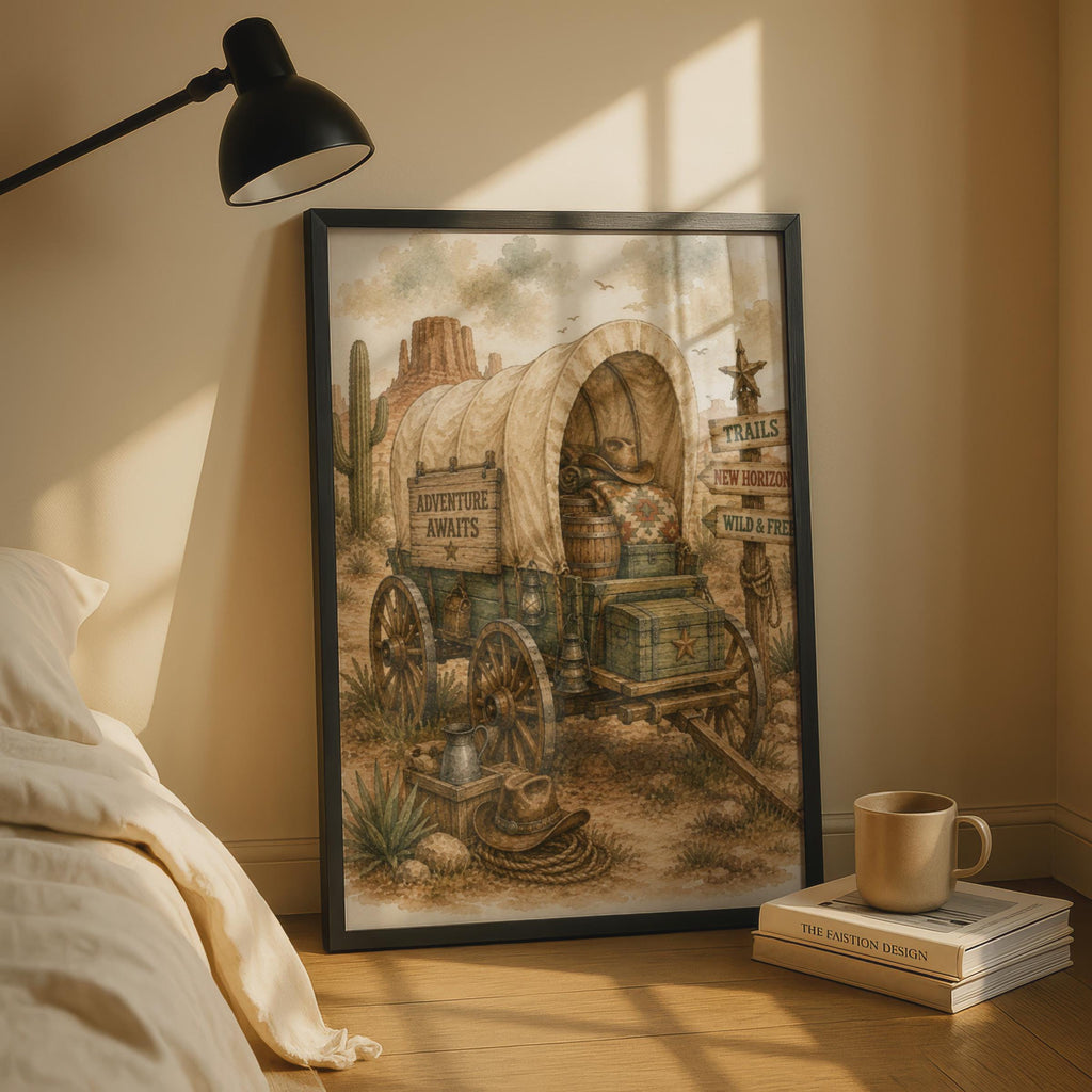 Wild West Covered Wagon Poster, Adventure Awaits Western Wall Art, Vintage Cowboy Desert Print