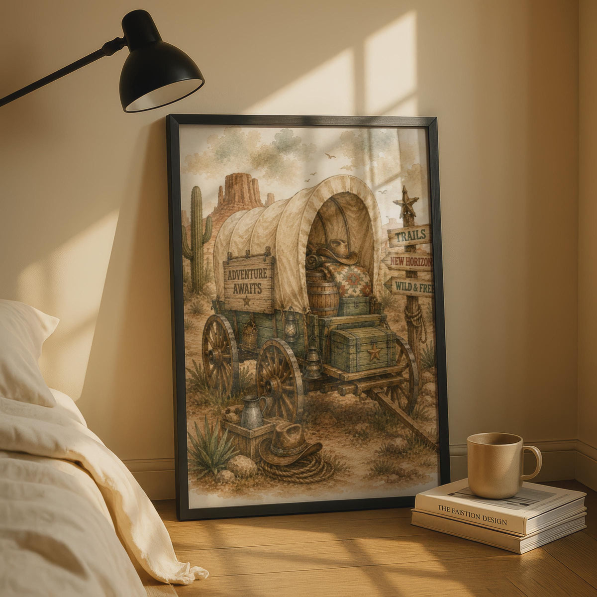 Wild West Covered Wagon Poster, Adventure Awaits Western Wall Art, Vintage Cowboy Desert Print