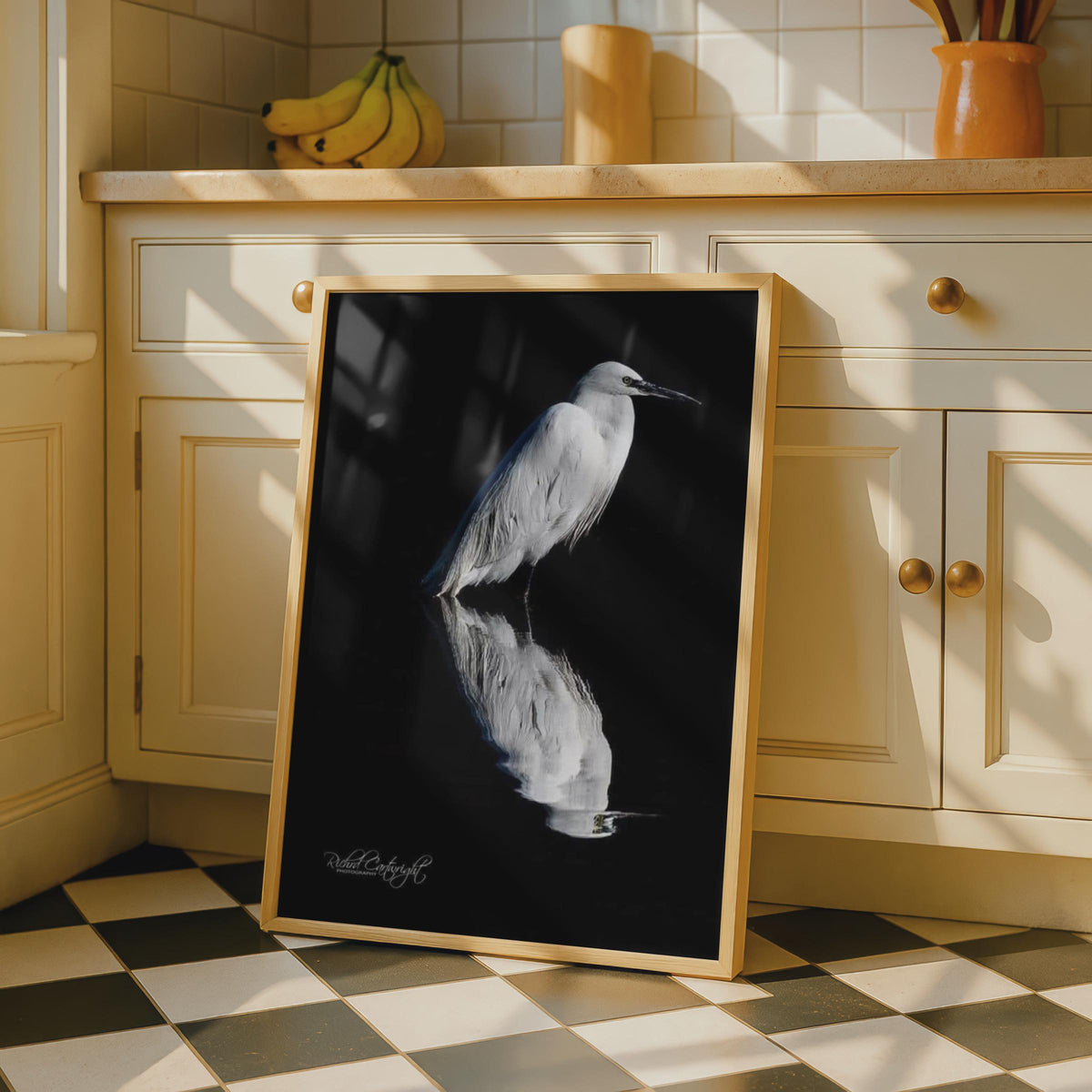 White Egret Reflection Poster, Bird Shadow Wildlife Photography, Black Water Wall Art