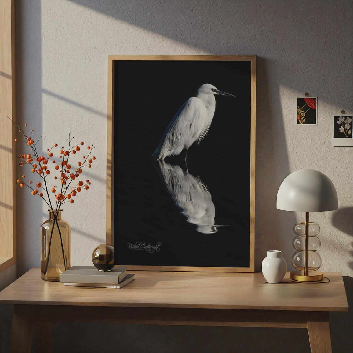 White Egret Reflection Poster, Bird Shadow Wildlife Photography, Black Water Wall Art