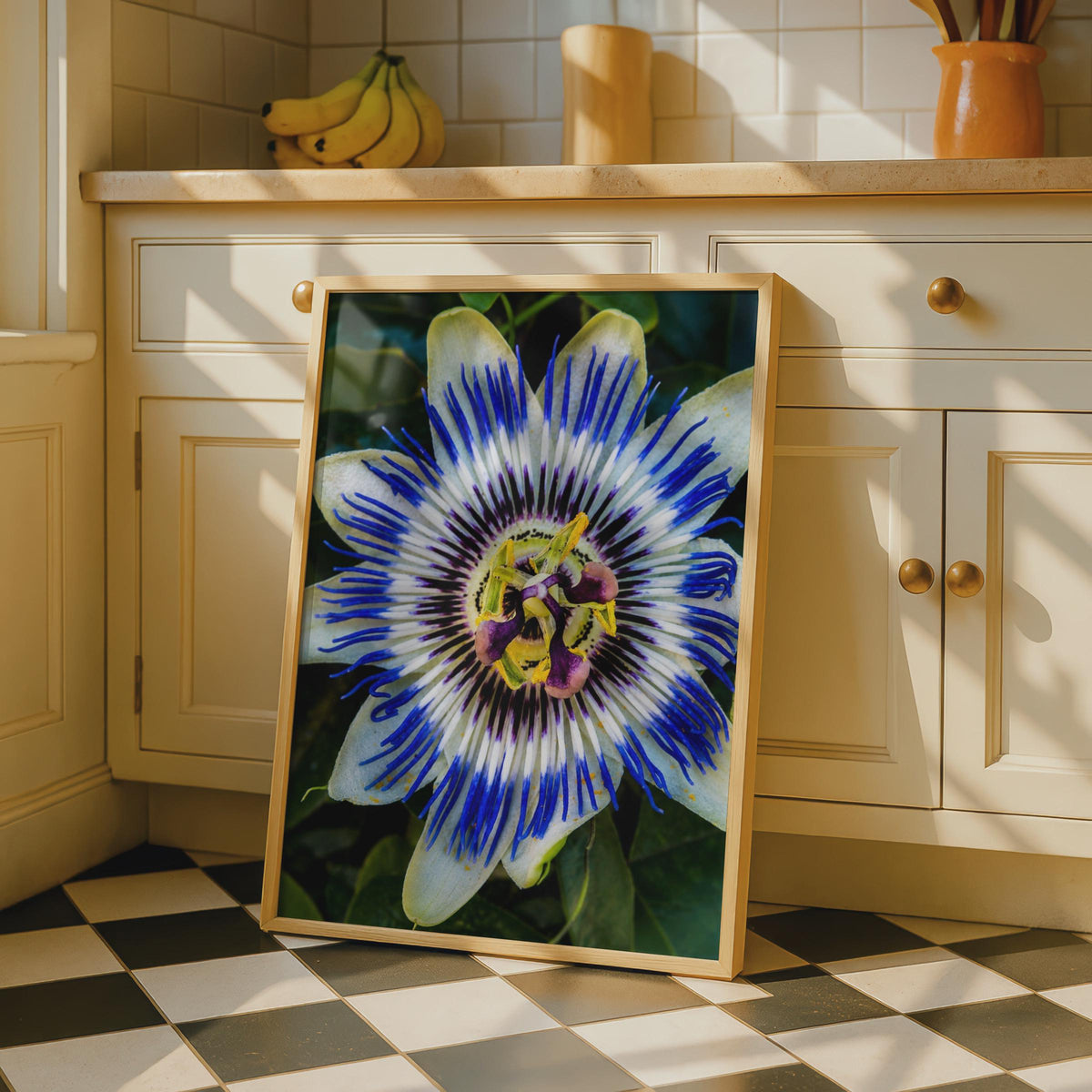 Passionflower Close Up Poster, Blue Purple Botanical Wall Art, Floral Photography Print