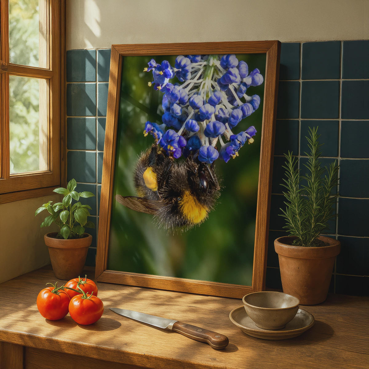 Bumblebee on Grape Hyacinth Poster, Macro Nature Photography, Blue Flower Wall Art