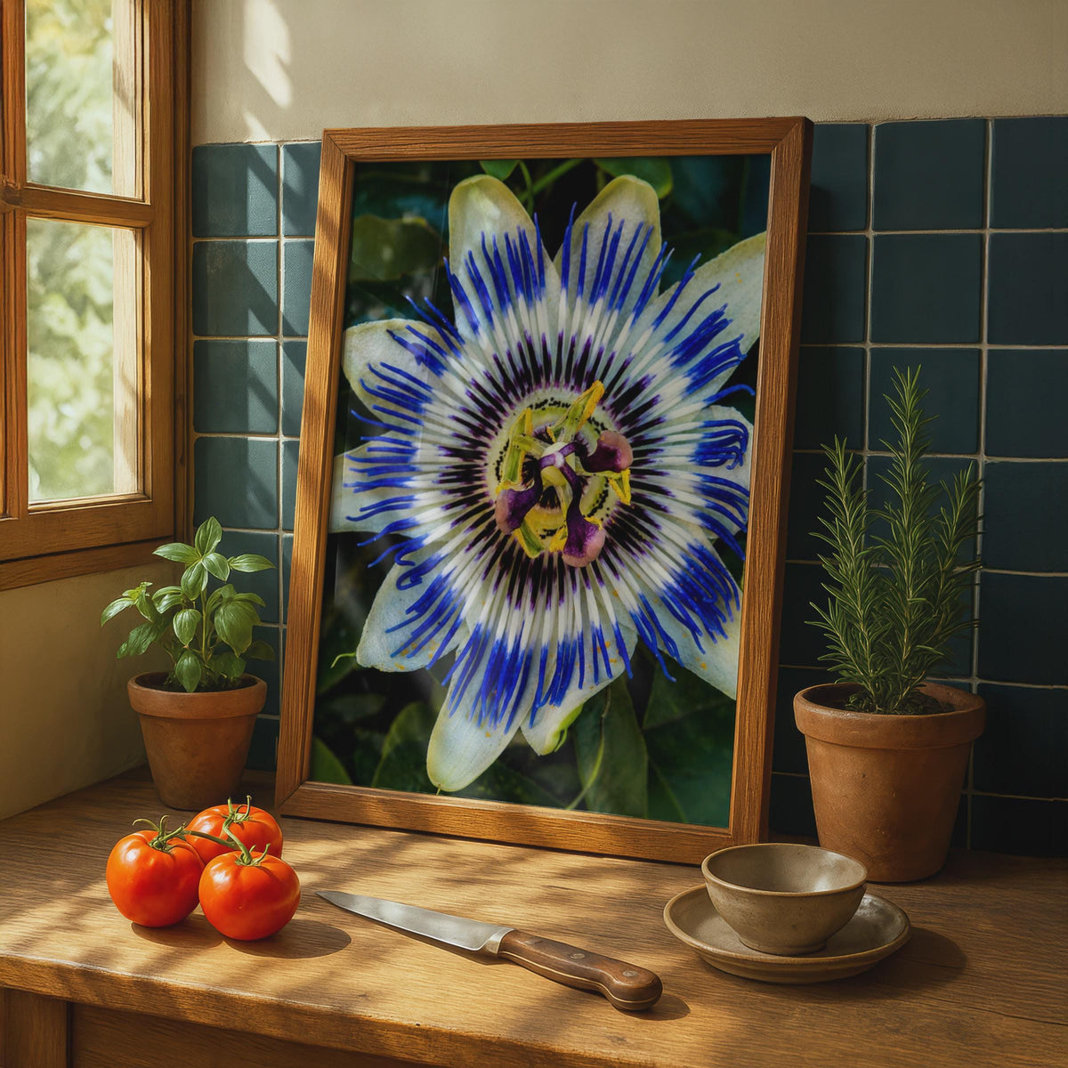 Passionflower Close Up Poster, Blue Purple Botanical Wall Art, Floral Photography Print