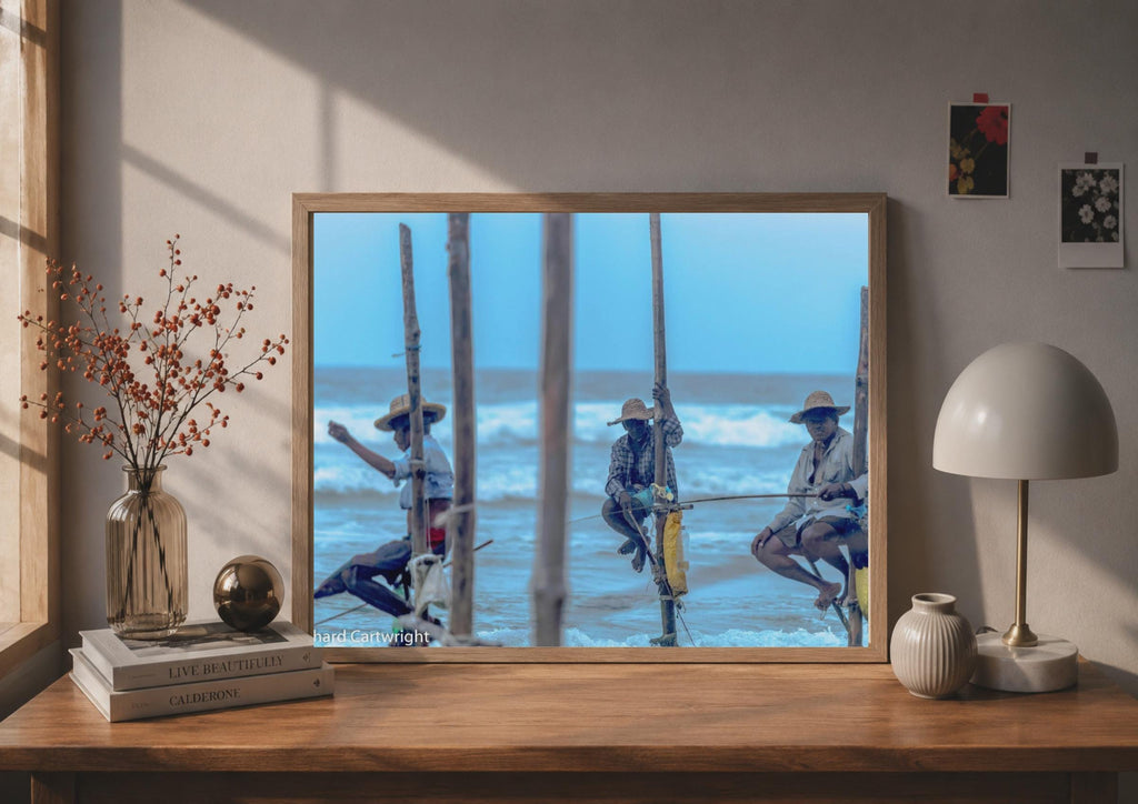 Sri Lanka Stilt Fishermen Poster, Traditional Fishing Wall Art, Ocean Blue Travel Print
