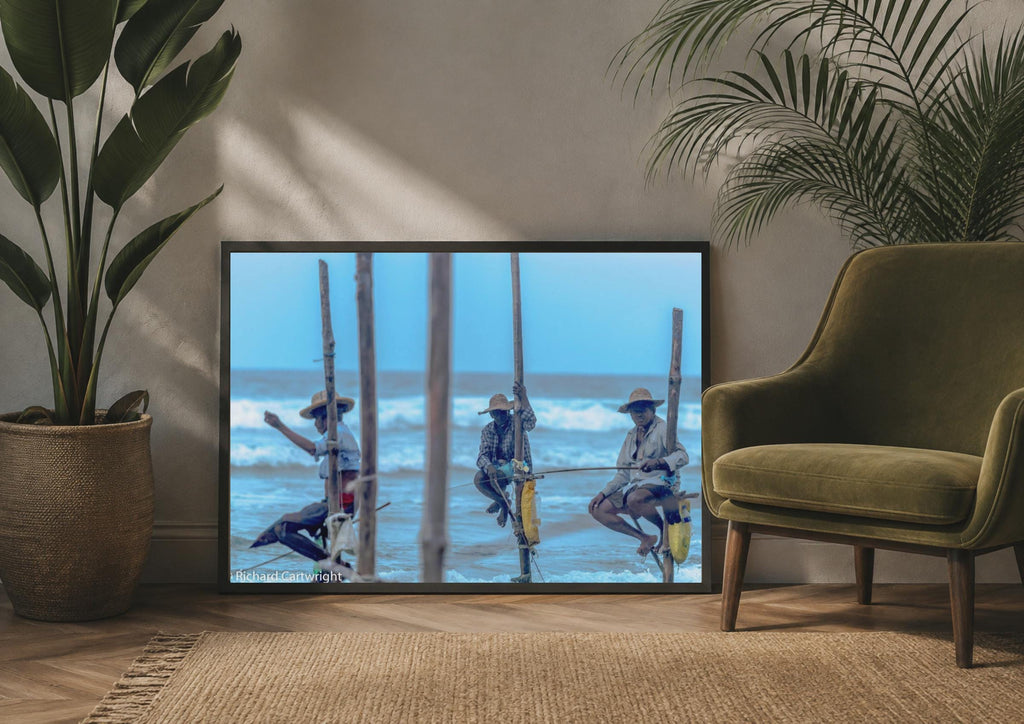 Sri Lanka Stilt Fishermen Poster, Traditional Fishing Wall Art, Ocean Blue Travel Print