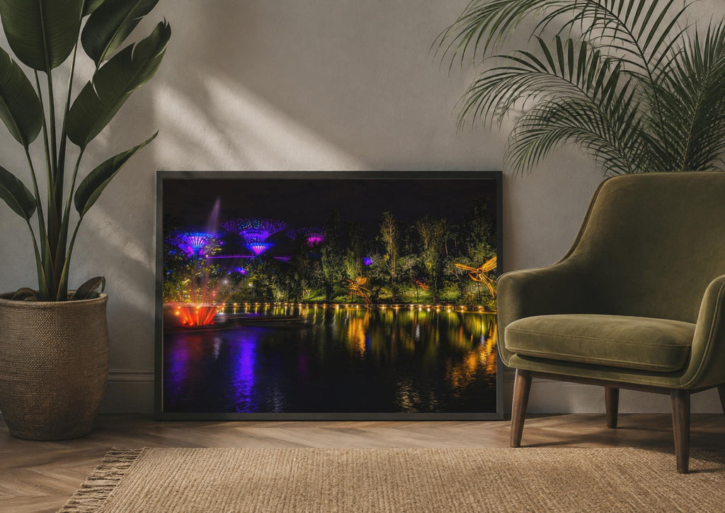 Singapore Gardens by the Bay Night Poster, Supertree Grove Wall Art, Neon City Travel Print