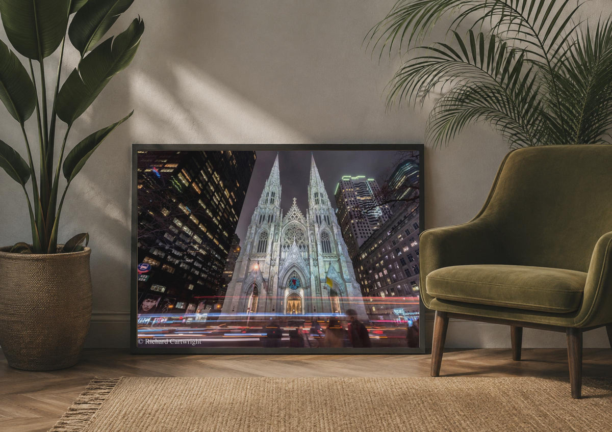 St Patrick's Cathedral New York Night Poster, Fifth Avenue Gothic Architecture Wall Art