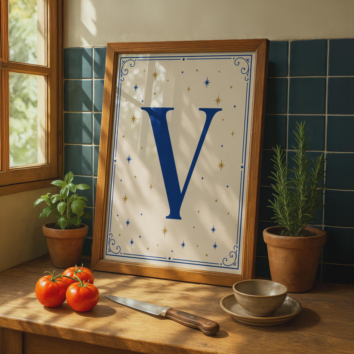 Letter V Poster, Navy Blue Gold Star Celestial Monogram, Initial Wall Art Gift