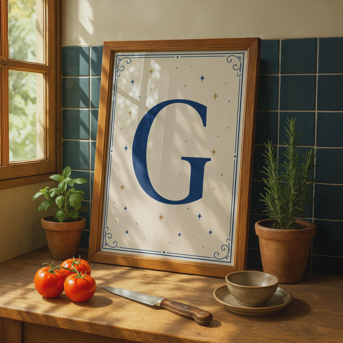 Letter G Monogram Poster, Navy Blue Gold Stars, Initial Wall Art, Celestial Alphabet