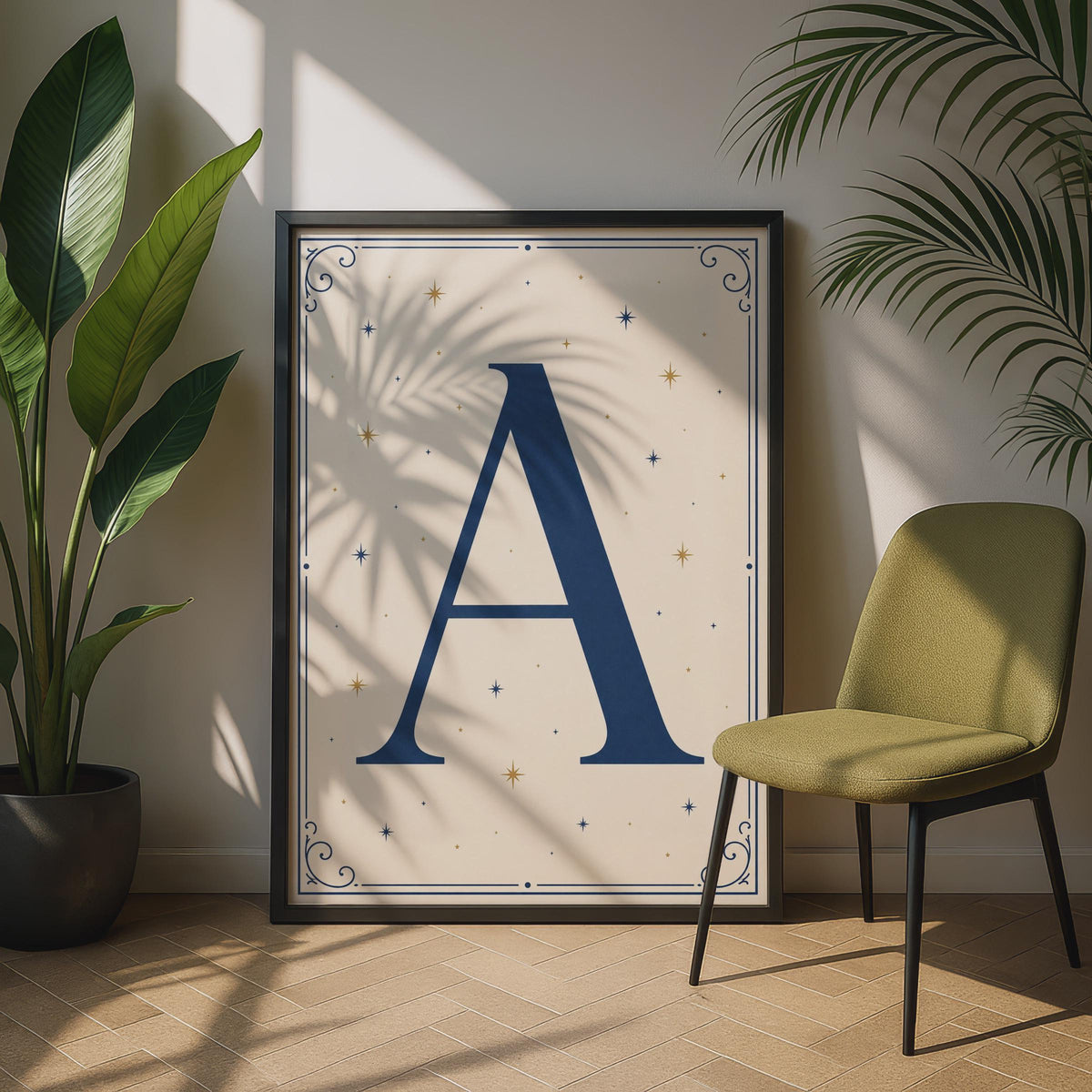 Letter A Monogram Poster, Navy Blue Gold Stars, Celestial Initial Wall Art