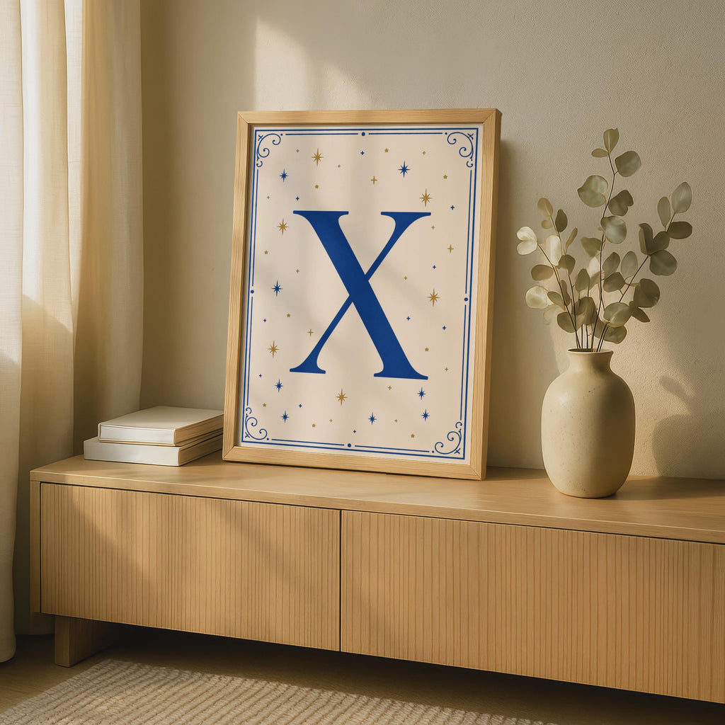 Letter X Monogram Poster, Navy Blue Gold Star Celestial Initial Wall Art Print