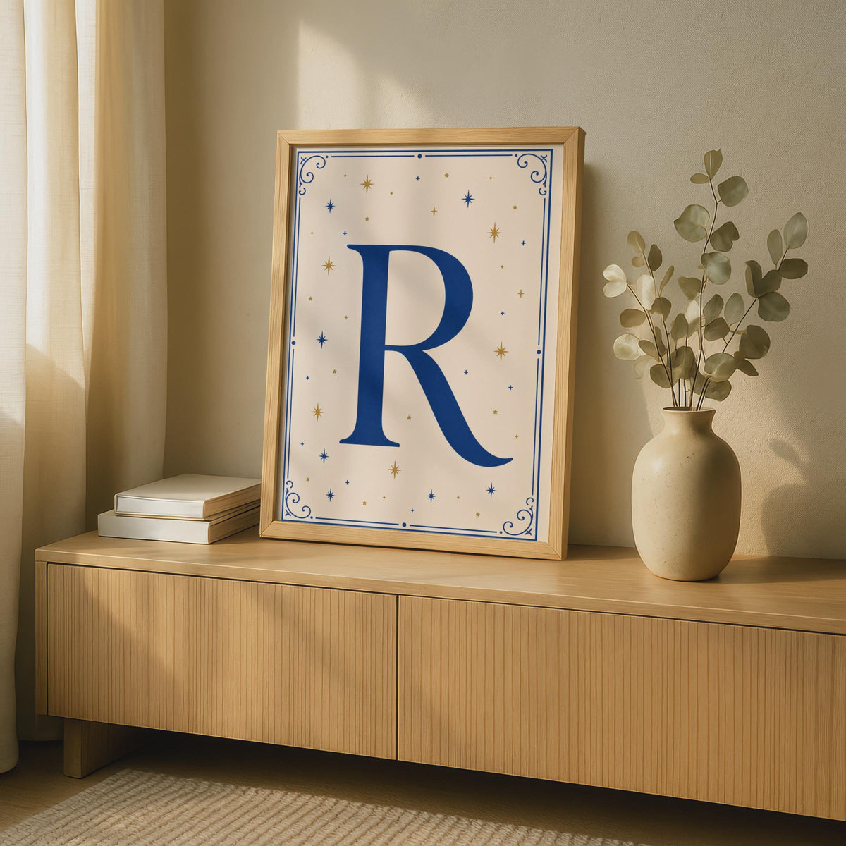 Letter R Monogram Poster, Navy Blue Gold Stars, Initial Wall Art, Celestial Gift