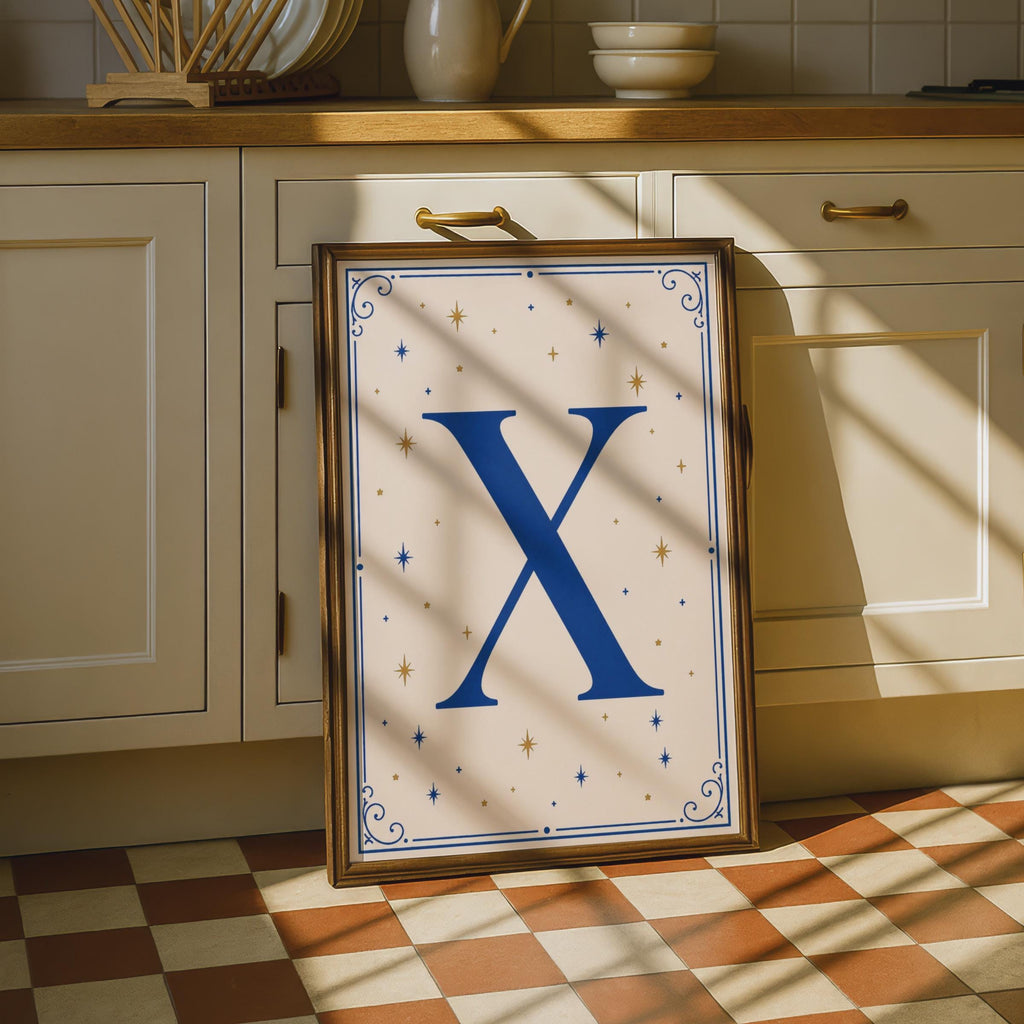 Letter X Monogram Poster, Navy Blue Gold Star Celestial Initial Wall Art Print