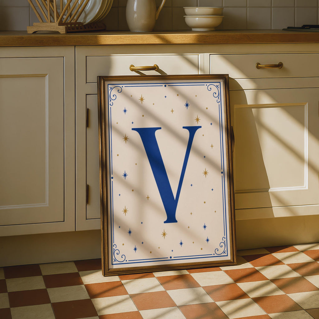 Letter V Poster, Navy Blue Gold Star Celestial Monogram, Initial Wall Art Gift