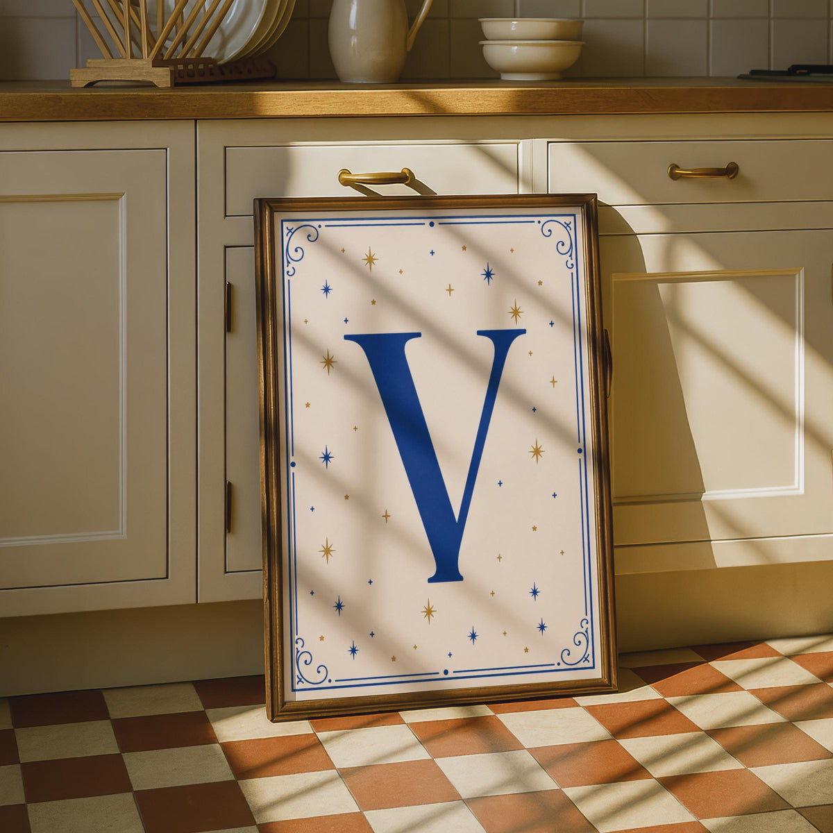 Letter V Poster, Navy Blue Gold Star Celestial Monogram, Initial Wall Art Gift