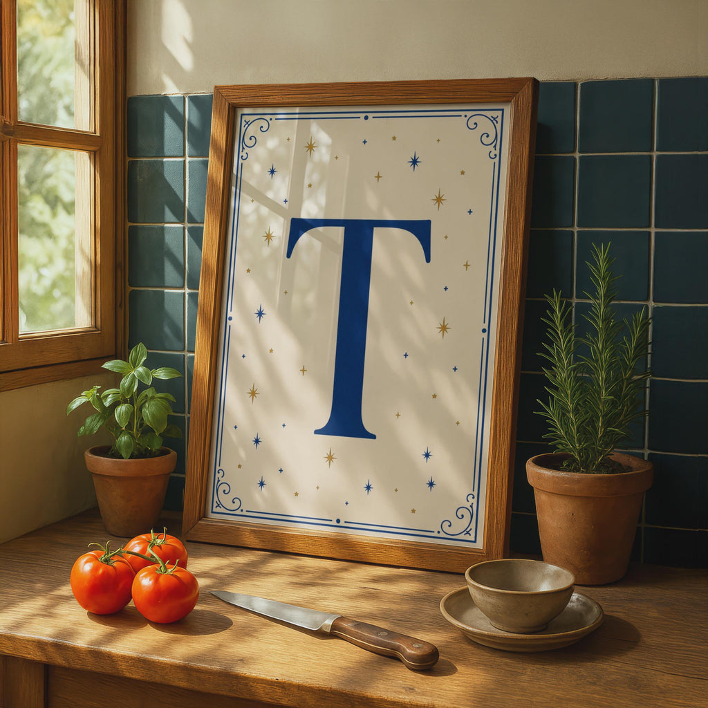 Letter T Initial Poster, Navy Blue Gold Star Monogram Wall Art, Celestial Alphabet Print