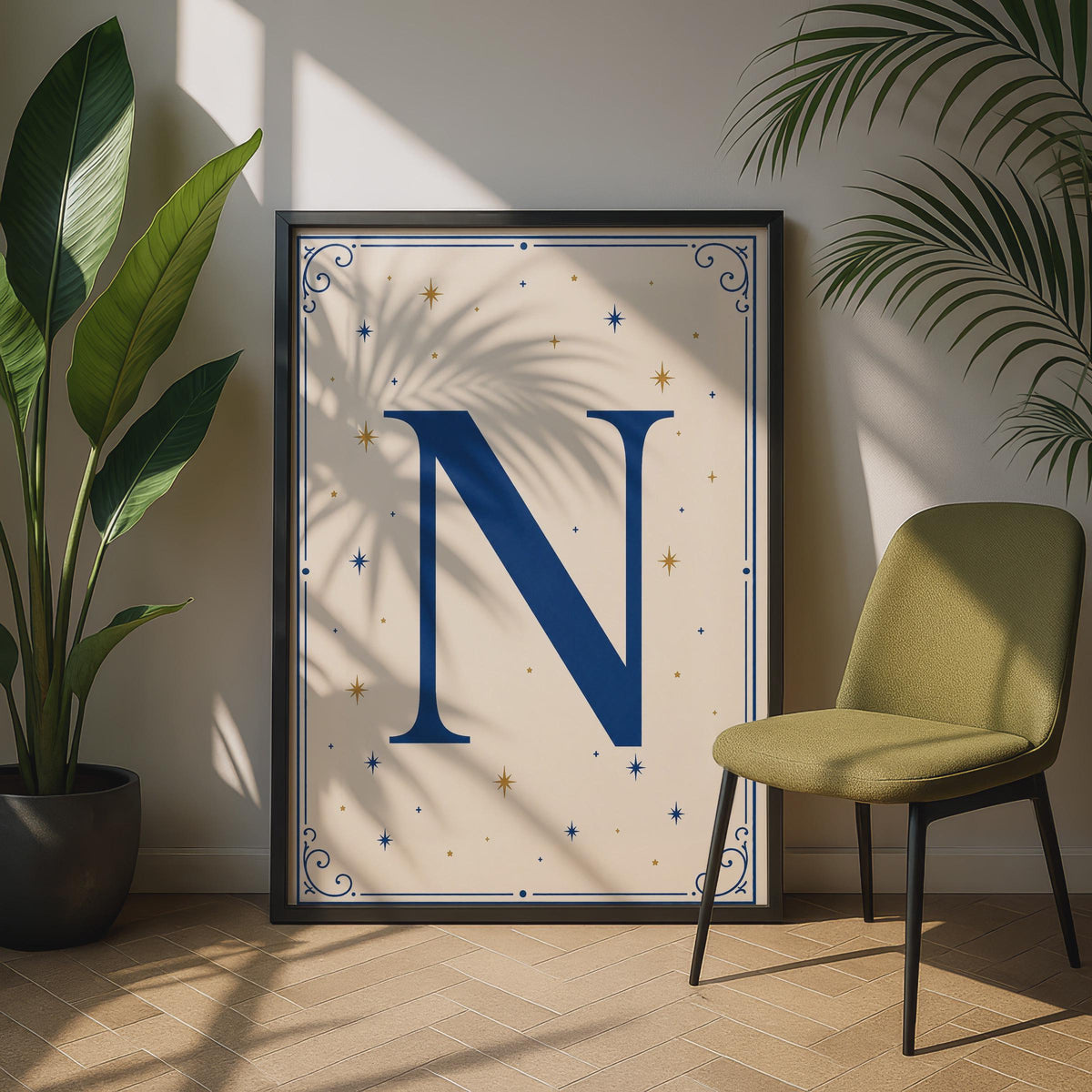 Letter N Monogram Poster, Navy Blue Gold Stars, Initial Wall Art, Celestial Name Gift