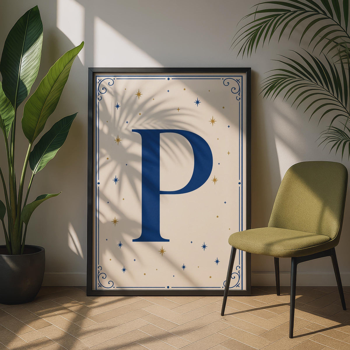 Letter P Monogram Poster, Navy Blue Gold Stars Initial Wall Art, Celestial Alphabet Print