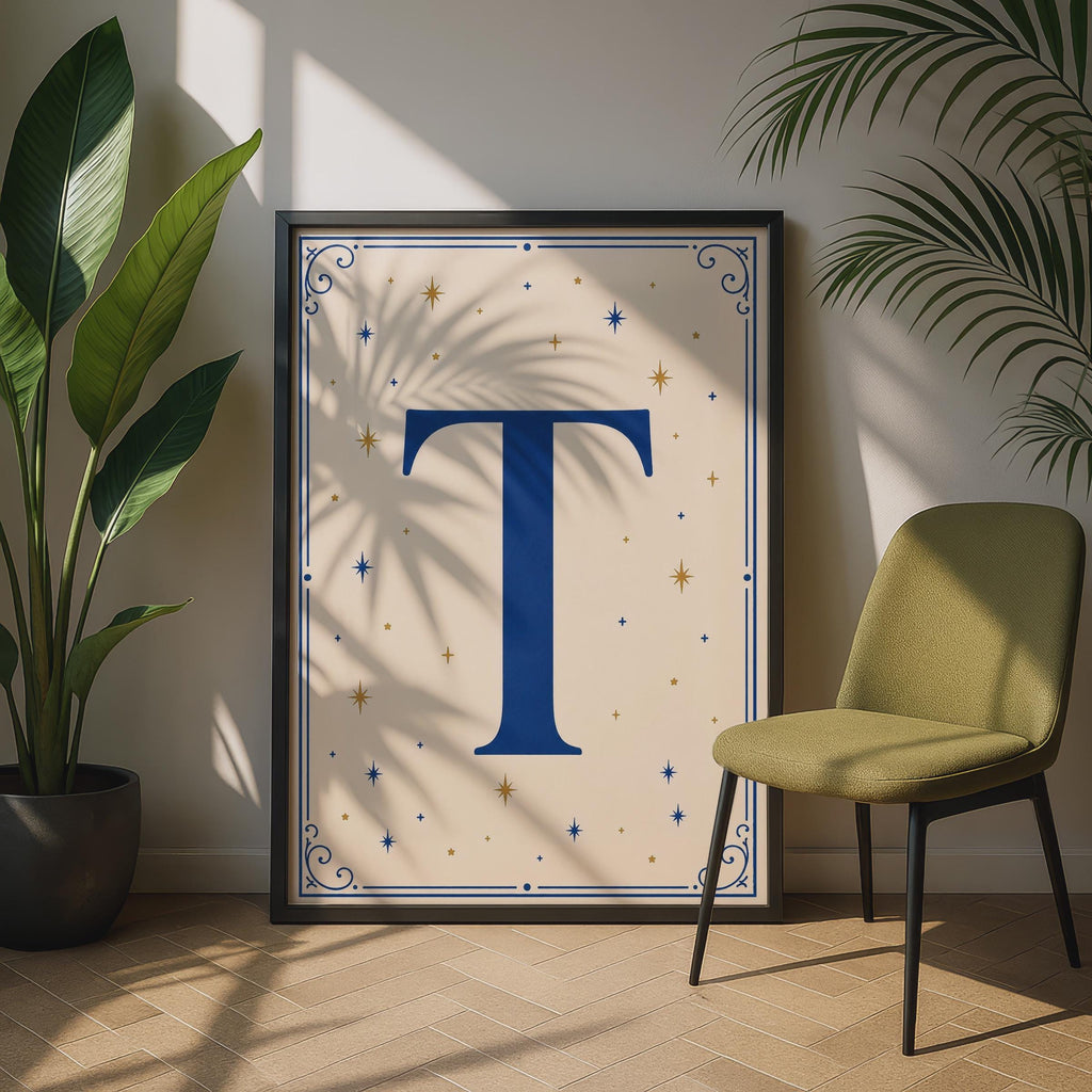 Letter T Initial Poster, Navy Blue Gold Star Monogram Wall Art, Celestial Alphabet Print