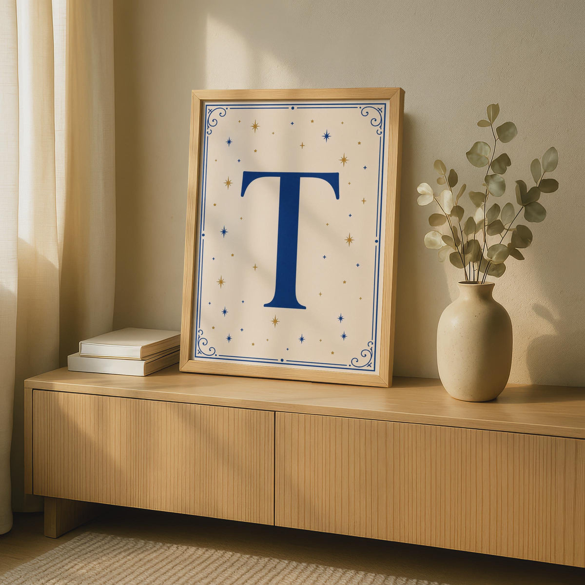 Letter T Initial Poster, Navy Blue Gold Star Monogram Wall Art, Celestial Alphabet Print
