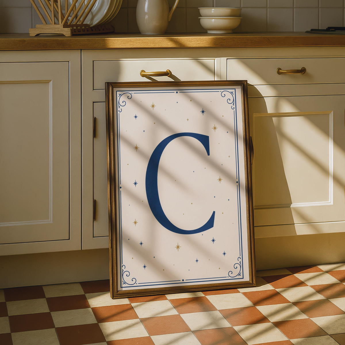Letter C Celestial Monogram Poster, Navy Gold Stars Initial Wall Art, Personalised Gift