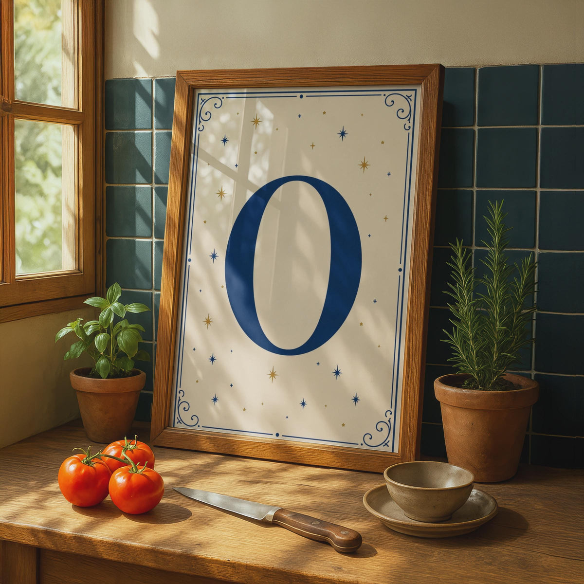 Letter O Celestial Poster, Navy Blue Gold Star Monogram Wall Art, Initial Print