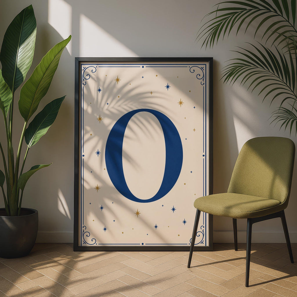 Letter O Celestial Poster, Navy Blue Gold Star Monogram Wall Art, Initial Print
