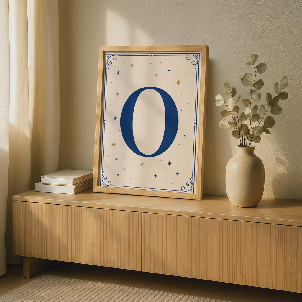 Letter O Celestial Poster, Navy Blue Gold Star Monogram Wall Art, Initial Print