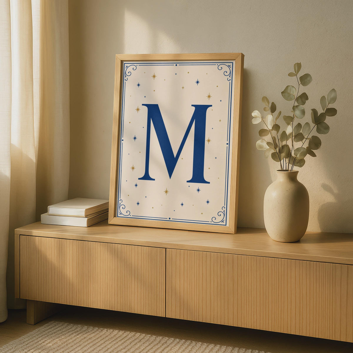 Letter M Poster, Navy Blue Gold Star Monogram Wall Art, Initial M celestial print