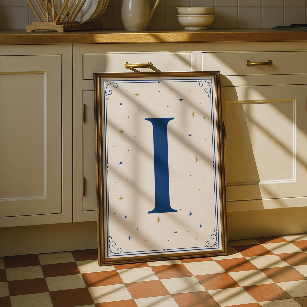 Letter I Celestial Monogram Poster, Navy Gold Stars Initial Wall Art, Personalised