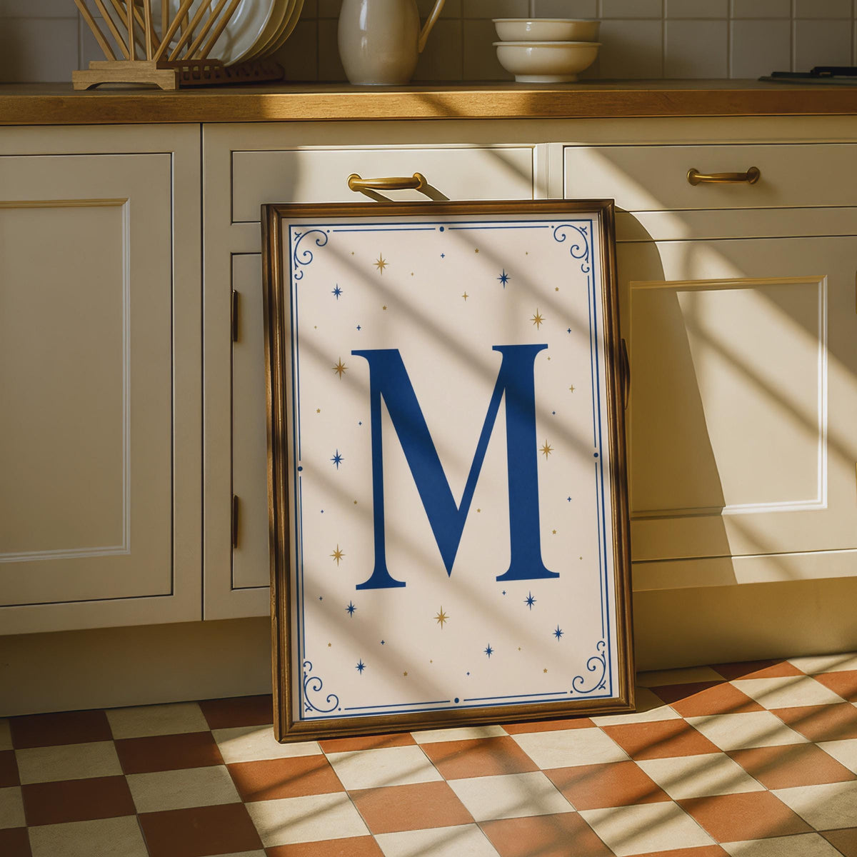 Letter M Poster, Navy Blue Gold Star Monogram Wall Art, Initial M celestial print