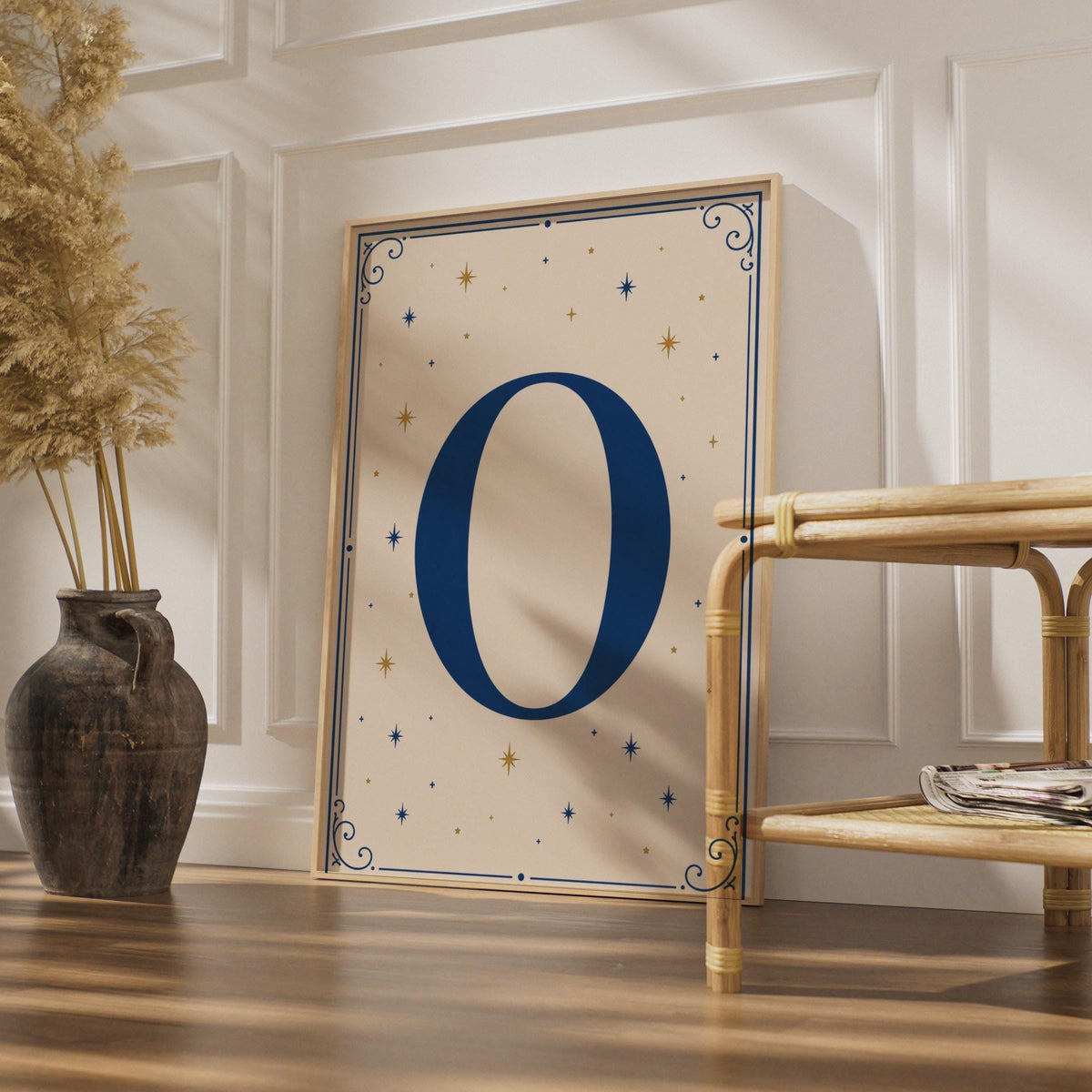 Letter O Celestial Poster, Navy Blue Gold Star Monogram Wall Art, Initial Print