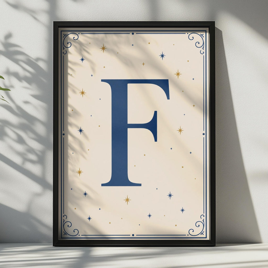 Letter F Poster, Navy Blue Gold Star Monogram Wall Art, Celestial Initial Print
