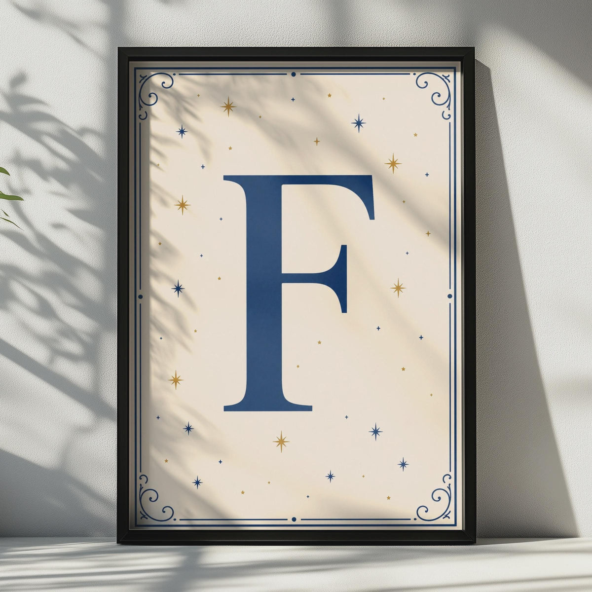 Letter F Poster, Navy Blue Gold Star Monogram Wall Art, Celestial Initial Print