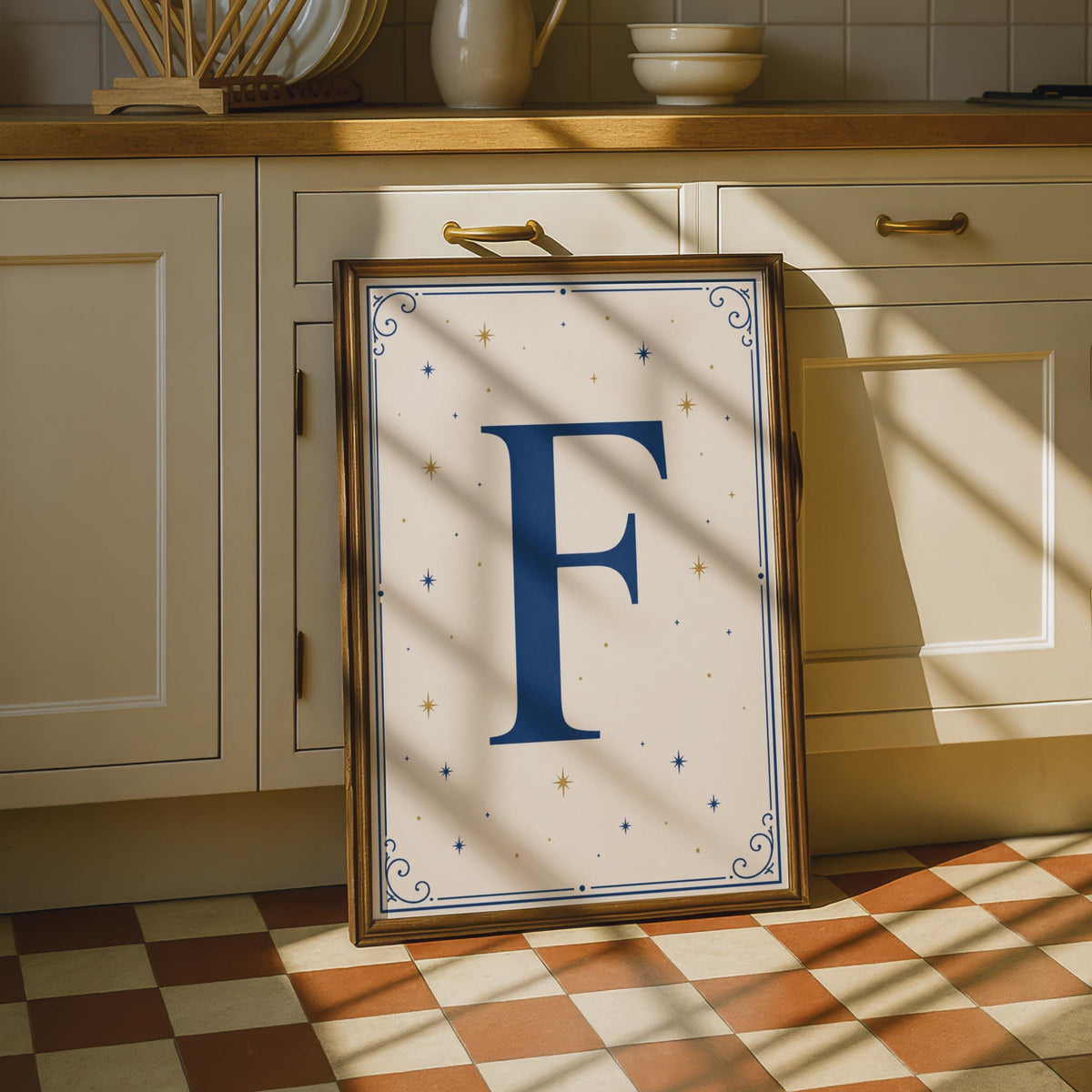 Letter F Poster, Navy Blue Gold Star Monogram Wall Art, Celestial Initial Print