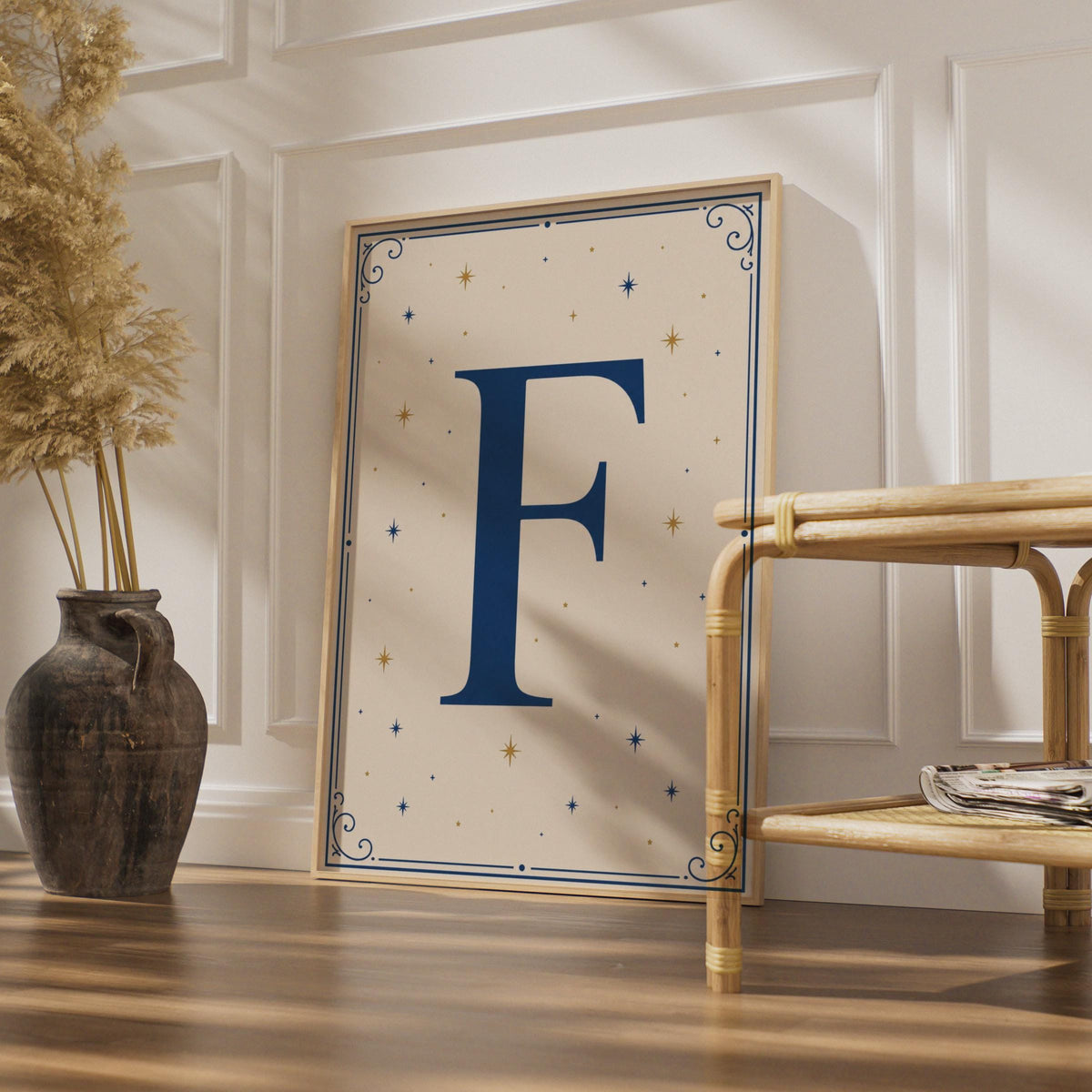 Letter F Poster, Navy Blue Gold Star Monogram Wall Art, Celestial Initial Print