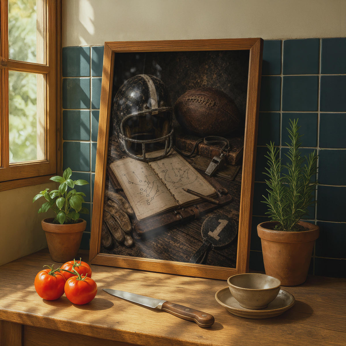 Vintage American Football Poster, Retro Gridiron Still Life, Sports Wall Art, Brown Sepia