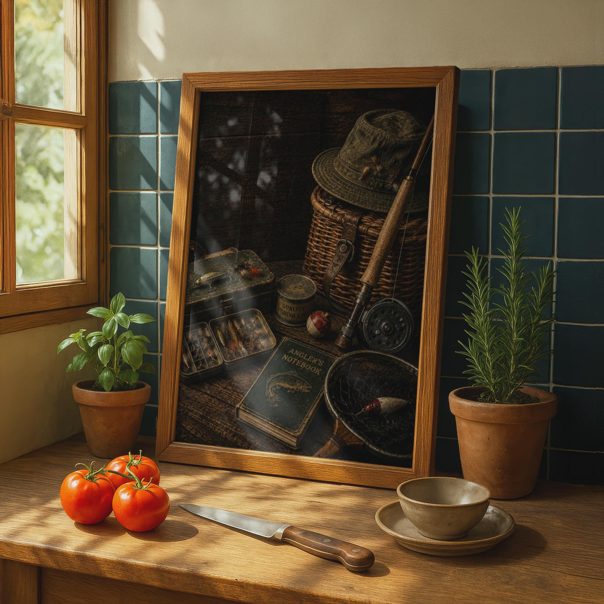 Vintage Fishing Still Life Print, Rustic Angler Wall Art, Fly Fishing Gift