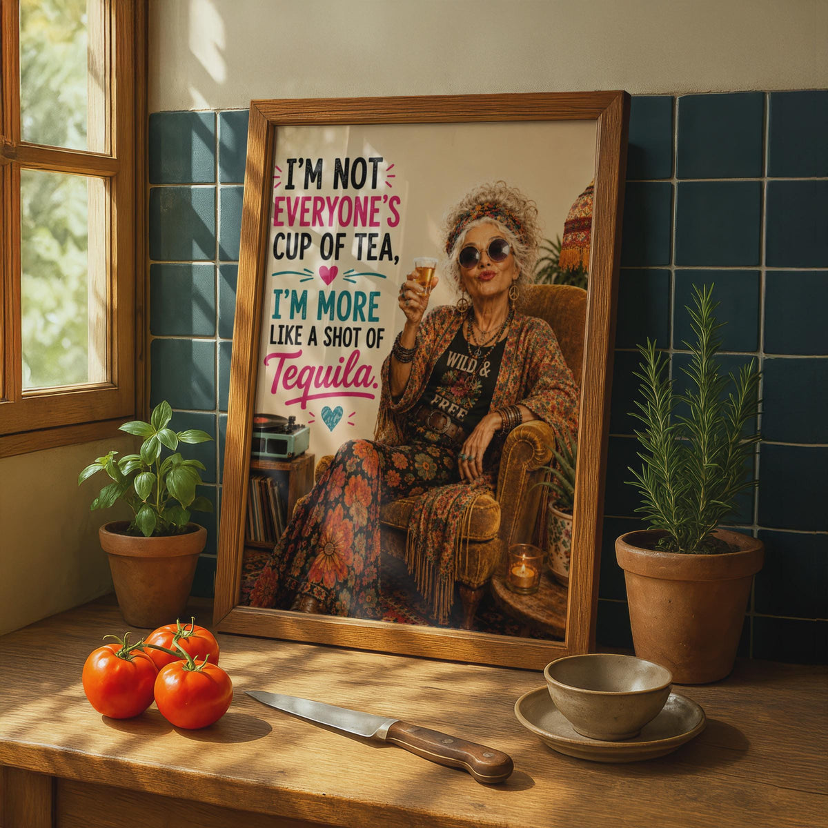 Tequila Shot Funny Quote Poster, Bohemian Wild Free Woman, Humour Wall Art Gift