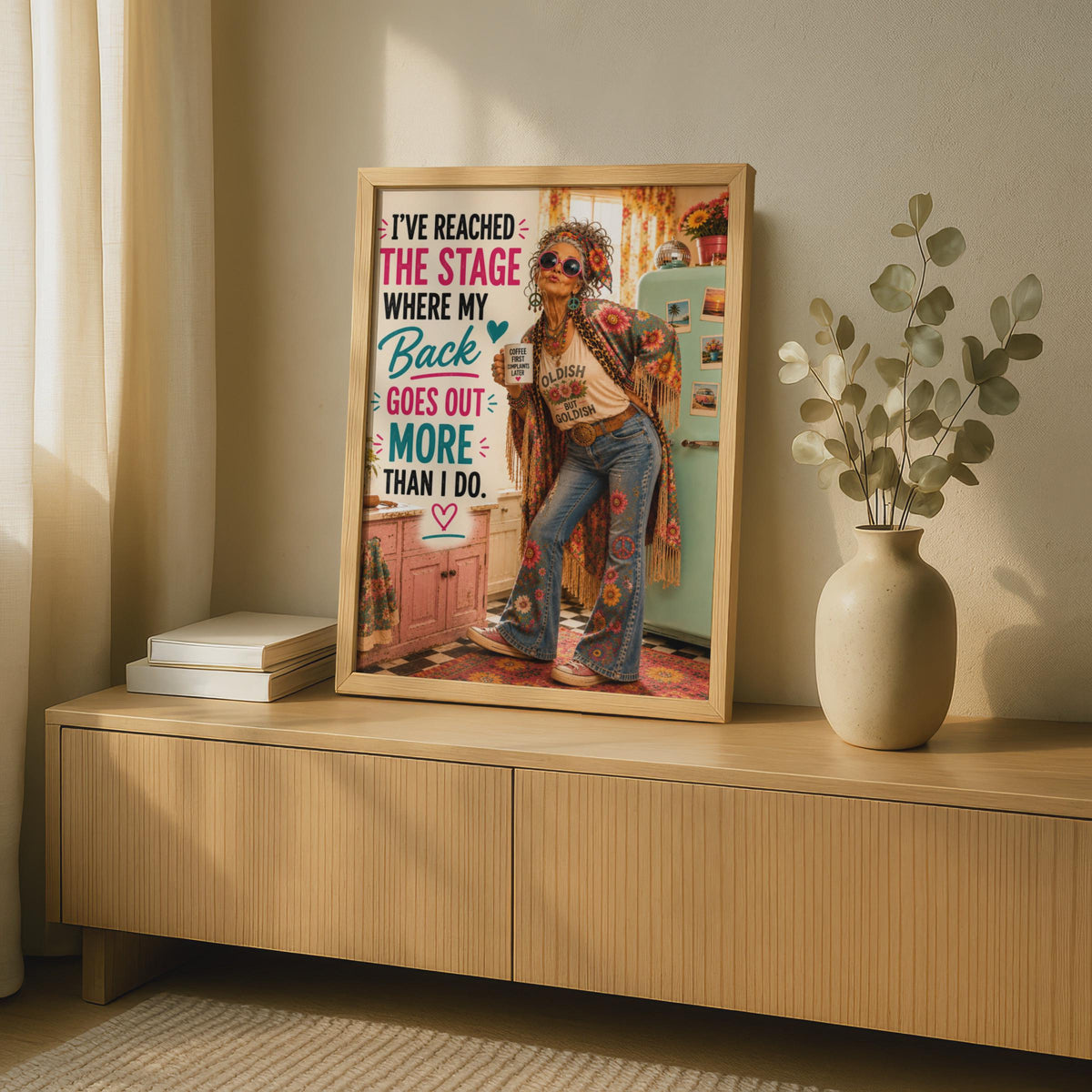 Funny Old Lady Back Goes Out Humour Poster, Sassy Grandma Boho Wall Art Gift